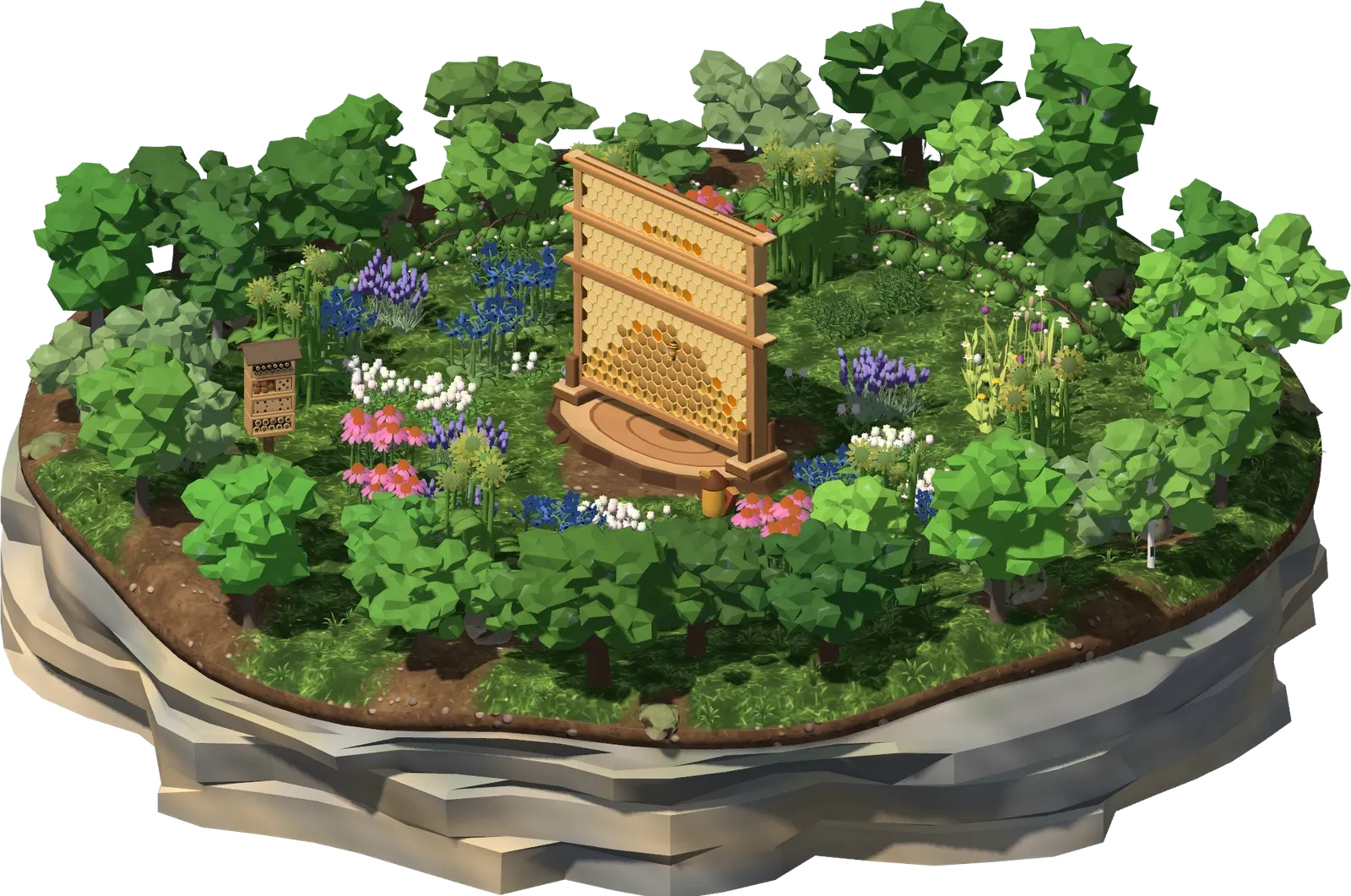 The honeybee meadow: a floating island with a wooden hive frame of comb, flowers, a bee hotel and trees